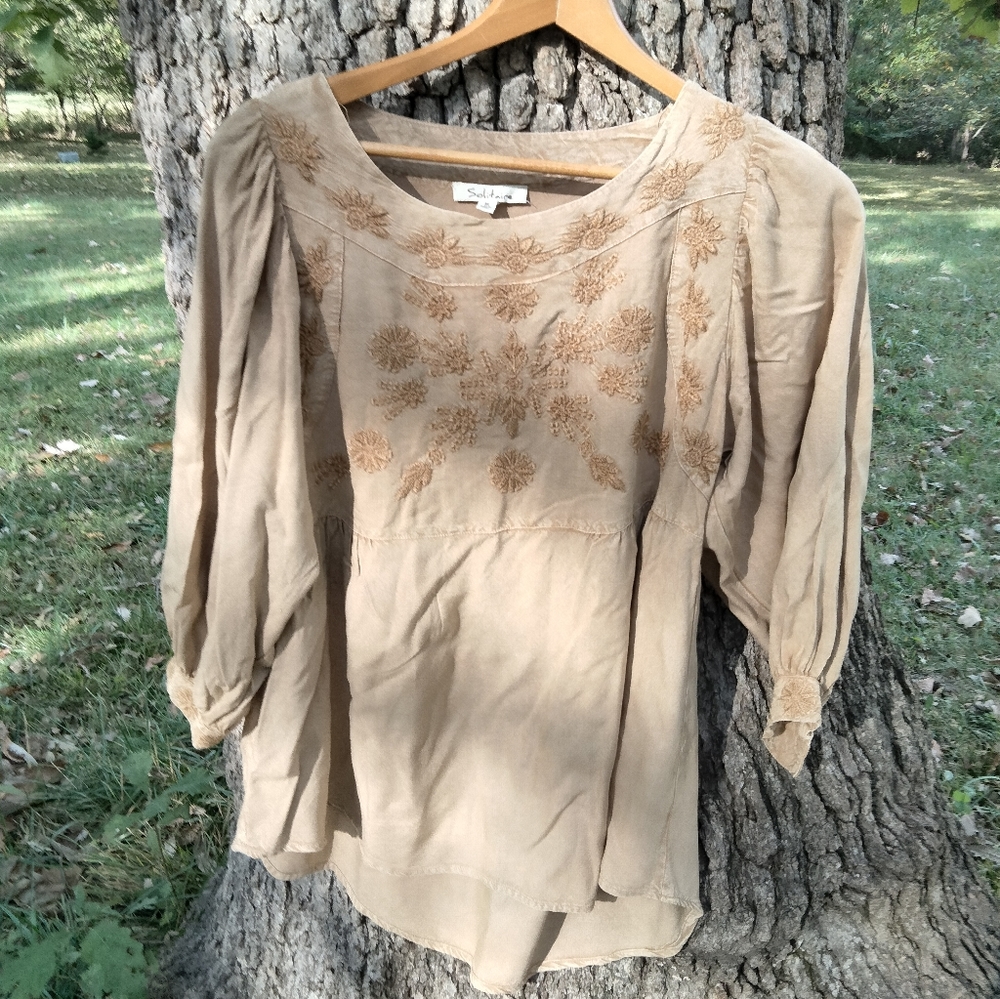 Solitaire Tan Embroidered Peasant Top